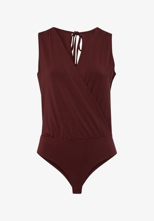 Burgunderfarbener ärmelloser Body mit Wickeldesign, V-Ausschnitt, Rückenknotenverschluss und elastischem Bund. Glatte Textur, figurbetonte Form.