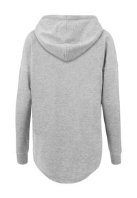 Grauer Baumwoll-Hoodie mit lockerer Passform, gekurvtem Saum, langen Ärmeln und einer weichen, glatten Textur. Keine Grafiken oder Muster.
