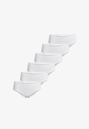 Sæt med seks ensfarvede hvide hipster-trusser til kvinder arrangeret diagonalt på en hvid baggrund.