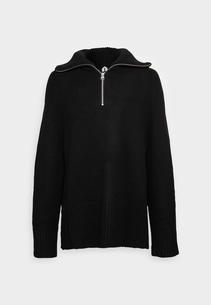 Pull en maille noir avec manches longues et col demi-zip, doté de poignets et ourlet côtelés, présenté sur un fond uni.