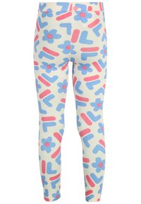 Leggings colorati con una base di crema chiaro decorata con fiori blu e pattern astratti rosa. Realizzati in tessuto elasticizzato, con un design su misura.