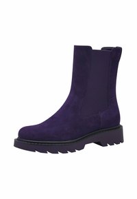 Bottes ankle en daim violettes avec des panneaux latéraux élastiques et une semelle en caoutchouc épaisse dotée d'un profil texturé pour une meilleure adhérence.