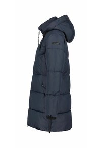 Marineblauwe pufferjack met een capuchon, voorzien van een doorgestikte structuur, een ritsluiting, elastische manchetten en een logo-opdruk op de schouder.
