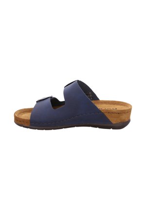 Sandalo aperto blu navy con due cinturini regolabili e soletta imbottita marrone su suola nera.