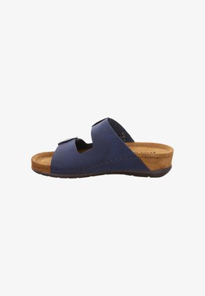 Offener dunkelblauer Slide-Sandal mit zwei verstellbaren Riemen und einem braunen gepolsterten Fußbett auf schwarzer Sohle.