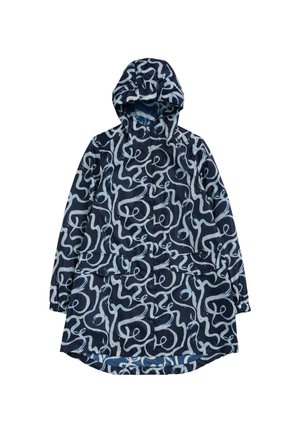 Marineblauer Regenmantel mit Kapuze, hellblauem abstrakten Zickzackmuster, Fronttasche, elastischen Bündchen und einem etwas längeren Rücken Saum.
