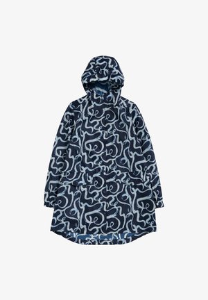 Marineblauer Regenmantel mit Kapuze, hellblauem abstrakten Zickzackmuster, Fronttasche, elastischen Bündchen und einem etwas längeren Rücken Saum.
