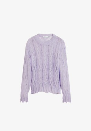 Lila stickad tröja med kabelmönster, rund hals, ribbad fåll och fransade ärmar. Tillverkad av lättviktigt tyg med strukturerad yta.