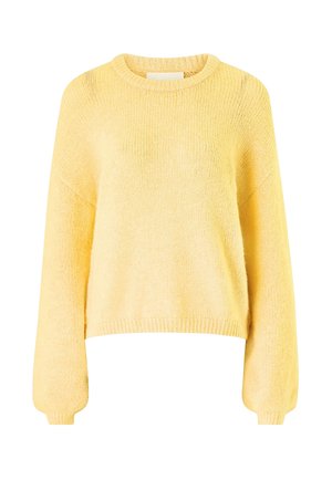 Gele gebreide trui met een ronde hals, doorgezakte schouders en lange mouwen. Zachte textuur en licht cropped lengte.