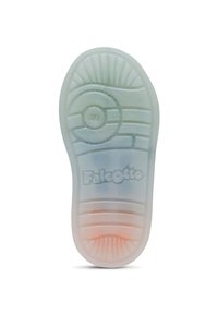 Semelle de chaussure en caoutchouc transparent avec des motifs texturés, logo en relief "Falcotto," et une touche d'orange au talon.