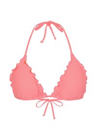 Korallenpinkes Dreieck-Bikini-Oberteil mit gewellten Kanten und verstellbaren Bindebändern am Hals und am Rücken auf weißem Hintergrund.