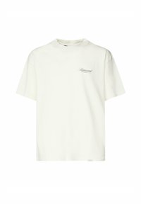 Camiseta de algodón de manga corta en color crema claro con cuello redondo, que presenta un pequeño logo "Represent" impreso en el pecho.
