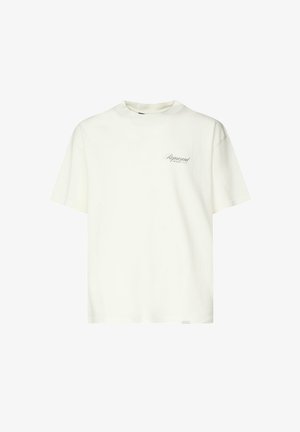 Camiseta de algodón de manga corta en color crema claro con cuello redondo, que presenta un pequeño logo "Represent" impreso en el pecho.