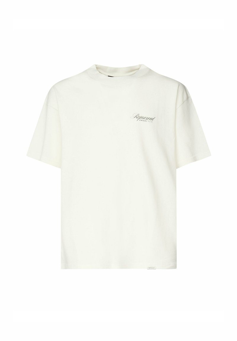 Camiseta de algodón de manga corta en color crema claro con cuello redondo, que presenta un pequeño logo "Represent" impreso en el pecho.
