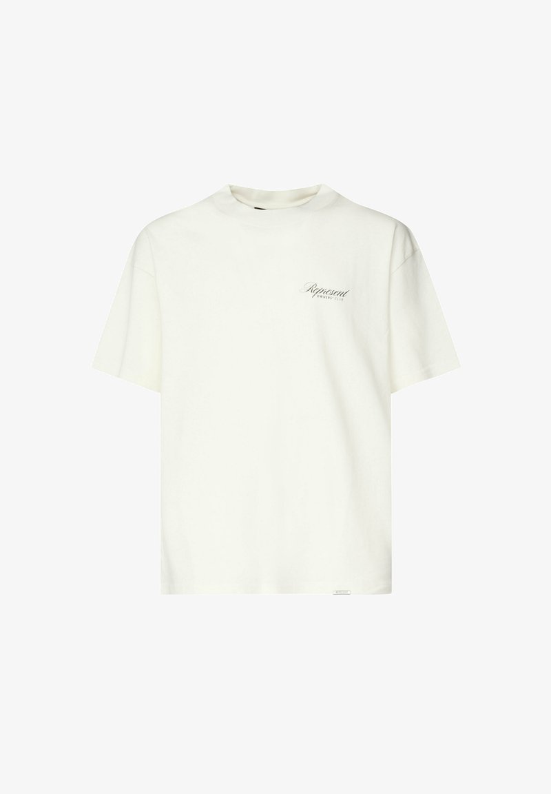 Korte mouwen, licht crèmekleurig katoenen t-shirt met een ronde halslijn, voorzien van een klein "Represent" logo gedrukt op de borst.