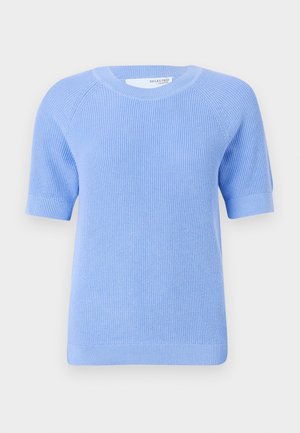 Light blue knit short-sleeve sweater with ribbed texture, crew neck, and finished hem. Features raglan sleeves for a relaxed fit.
