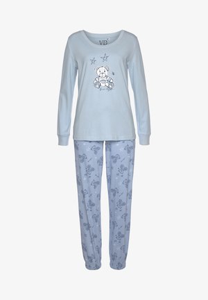 Set di pigiama azzurro chiaro composto da una maglia a maniche lunghe con una grafica di un orsetto e pantaloni con un motivo di orsetti e stelle. Materiale in cotone morbido.