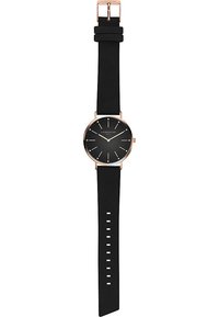 Schwarzsilikonarmbanduhr mit einem runden schwarzen Zifferblatt, roségoldenen Akzenten und einfachen Stundenmarkierungen. Verstellbares Armband mit mehreren Löchern.