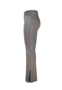 Pantalons extensibles gris au design ajusté, avec une taille large et des fentes latérales au bas pour faciliter le mouvement.