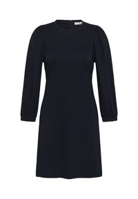 Rochie bleumarin cu decolteu rotund, mâneci bufante trei-sferturi și croială dreaptă. Confecționată dintr-un material neted și elastic.