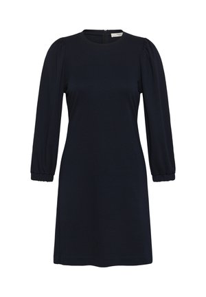 Navy plava haljina s okruglim izrezom, rukavima do tri četvrtine s naborima i ravnim krojem. Izrađena od glatkog, rastezljivog materijala.