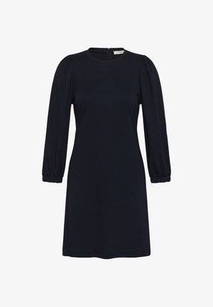Navy plava haljina s okruglim izrezom, rukavima do tri četvrtine s naborima i ravnim krojem. Izrađena od glatkog, rastezljivog materijala.
