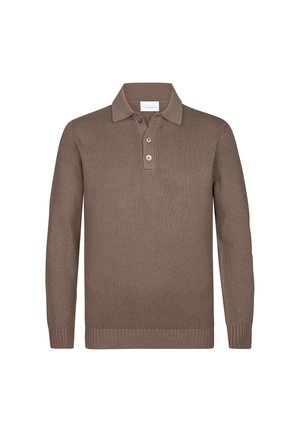 Pullover polo in maglia marrone con maniche lunghe, polsini a coste e patta con tre bottoni. Texture morbida, vestibilità casual e design semplice.