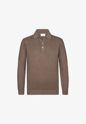 Bruine gebreide polo trui met lange mouwen, geribde manchetten en een placket met drie knopen. Zachte textuur, casual pasvorm en eenvoudig ontwerp.