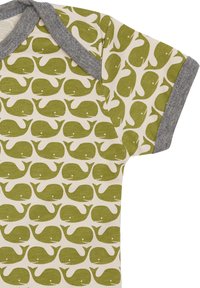 Groene stof bodysuit met walvissenpatroon en grijze afwerking. Korte mouwen met een zachte textuur, met een herhaald walvisgrafisch ontwerp.