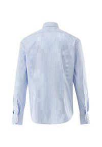 Camicia a maniche lunghe azzurro chiaro con righe verticali bianche, polsini con bottone e colletto classico. Tessuto in cotone liscio con design aderente.