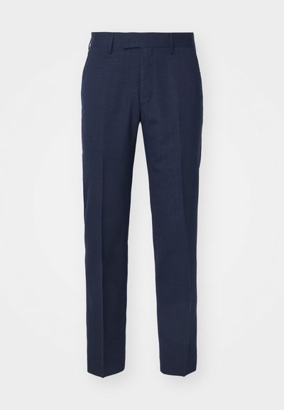 Navy blue tailored trousers made from lightweight fabric. Features a flat front, straight legs, and side pockets with a clean finish.