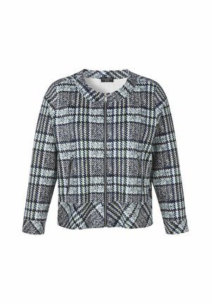 Langärmelige Jacke mit Frontreißverschluss, blau-weiß-grün kariertem Muster und zwei Fronttaschen.