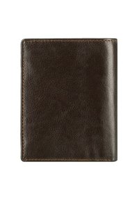 Bruine leren portefeuille, gekorrelde oppervlakte, bi-vouw ontwerp, met zichtbare stiksels in een contrasterende tan kleur. Compacte en rechthoekige vorm.