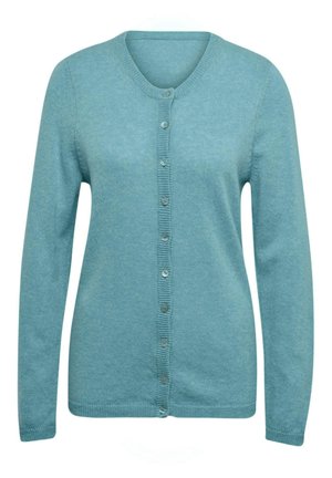 Helles blaues Strickjacke, lange Ärmel, V-Ausschnitt, Knopfverschluss an der Vorderseite, gerippte Akzente entlang der Knopfleiste und am Bund, weiche Textur.
