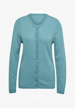 Helles blaues Strickjacke, lange Ärmel, V-Ausschnitt, Knopfverschluss an der Vorderseite, gerippte Akzente entlang der Knopfleiste und am Bund, weiche Textur.