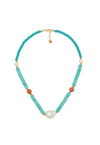Collana di perline turchesi con accenti dorati, featuring perle bianche e rosse lisce, e un grande centro di perla irregolare.