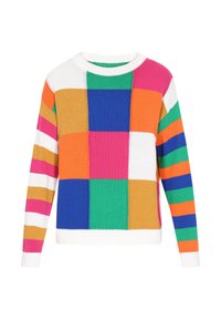 Maglione colorato lavorato a maglia con un design a patchwork composto da quadrati arancioni, rosa, verdi, blu e strisce di larghezze variabili. Collo e orlo a coste.