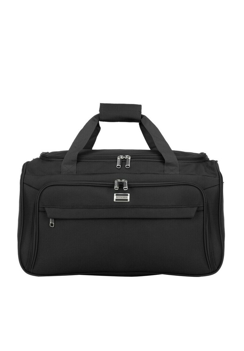 Borsa a sack nero realizzata in tessuto resistente, dotata di due manici superiori, chiusure con doppia zip e una tasca frontale con zip per ulteriore spazio di archiviazione.