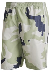 Pantaloni da bagno mimetici verdi e bianchi con un accento nero, vita elasticizzata e logo Adidas sul lato inferiore sinistro. Tessuto morbido e leggero.