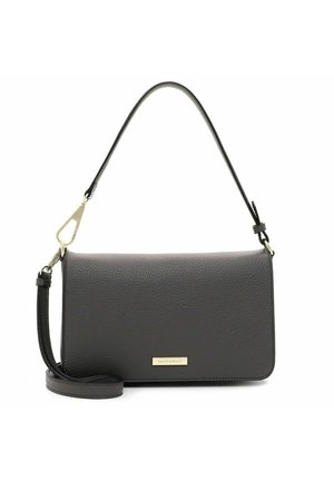 Sac à bandoulière en cuir gris avec une surface texturée, une sangle réglable, des finitions en métal doré et une plaque de logo de la marque discrète à l'avant.