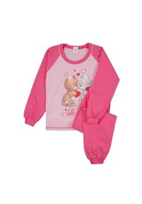 Różowy bawełniany zestaw piżamowy składający się z długich rękawów i spodni, z jasnoróżową koszulą, na której znajdują się dwa narysowane kotki i czerwone serduszka.