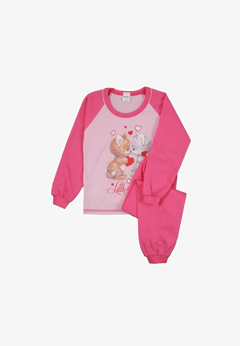 Różowy bawełniany zestaw piżamowy składający się z długich rękawów i spodni, z jasnoróżową koszulą, na której znajdują się dwa narysowane kotki i czerwone serduszka.