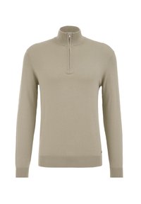 Beige långärmad tröja med kvartsdragkedja och ribbad krage, manschetter och nederkant, visad mot en vit bakgrund.