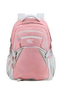 Zaino rosa e grigio con più scomparti, cerniere e spallacci imbottiti. Presenta un motivo geometrico sui lati e un logo nella parte frontale.