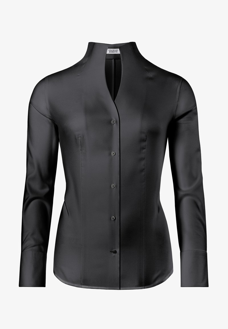Black satin blouse with a stand collar, long sleeves, and a front button closure. It features a smooth texture and tailored fit.