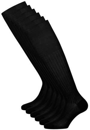 Calze nere fino al ginocchio, caratterizzate da una texture liscia e da una fine rigatura. Sono realizzate in materiale morbido e disponibili in un set di più paia.