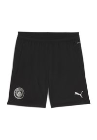 Shorts de sport noirs en tissu léger, dotés de poches latérales, d'un logo de Manchester City et d'un logo Puma blanc sur la jambe gauche.