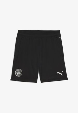 Crne atletske kratke hlače od lagane tkanine, s bočnim džepovima, logotipom Manchester Cityja i bijelim Puma logotipom na lijevoj nozi.