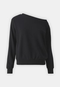Sudadera negra con diseño de hombro caído, mangas largas y dobladillo acanalado. Fabricada con una tela suave y ligeramente texturizada. Estilo minimalista.