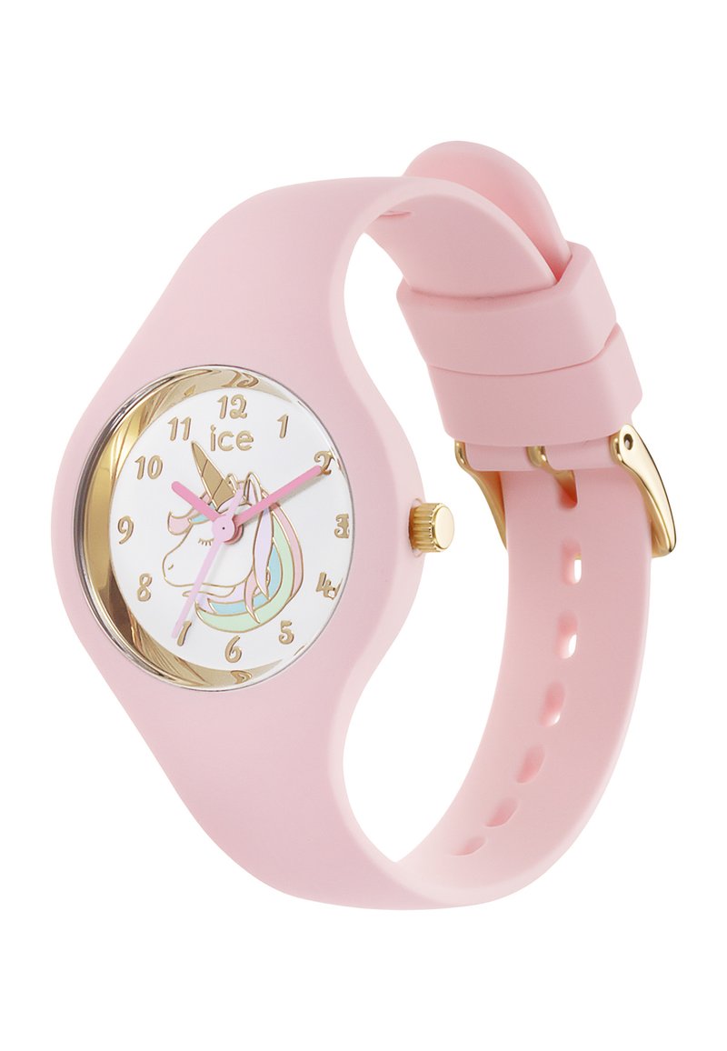 Montre en silicone rose avec un cadran blanc rond arborant un design de licorne, des accents dorés et des aiguilles rose clair. Bracelet réglable.